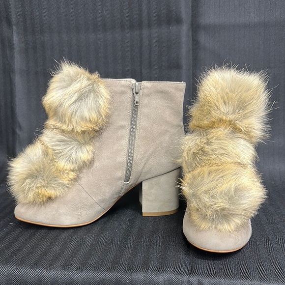 Cecelia Grey Suede Fur Pompom Trimmed Ankle Boots​ - Picture 1 of 8